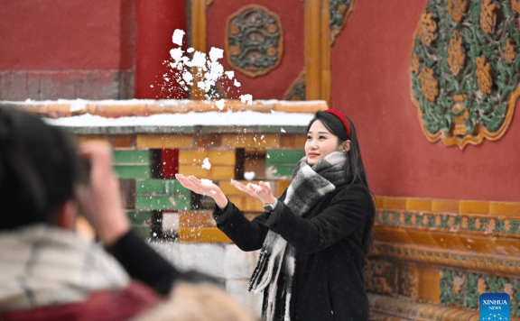 Tourists visit Palace Museum in snow in Beijing