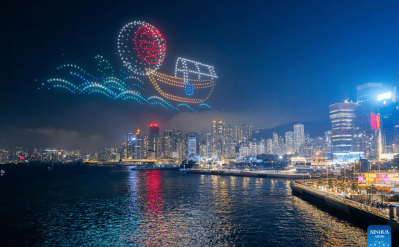 Drone light show featuring traditional Chinese culture staged in Hong Kong