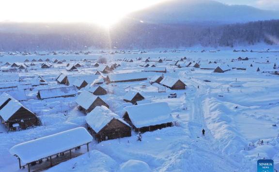 View of Hemu Village after snow in China’s Xinjiang