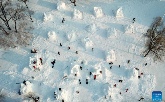 Contestants create snow sculptures at 30th National Snow Sculpture Contest in NE China