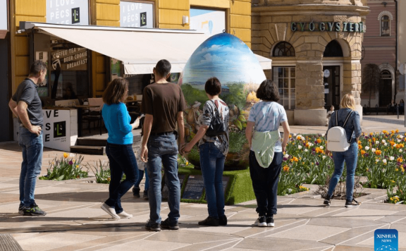 Two-meter tall Easter egg decoration seen in Hungary